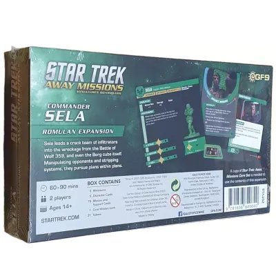 Star Trek: Away Missions – Commander Sela Romulan Expansion box back with cards, contents and team details.