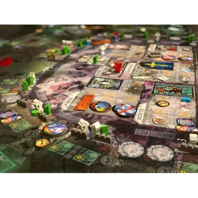 Stronghold: Undead game board close-up with fortress areas, tokens and wooden pieces.