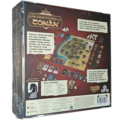 The Adventures of Conan box back showing the game board, cards, dice and component list.