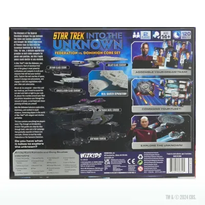 Star Trek: Into the Unknown – Federation vs. Dominion Core Set box back showing ships, cards, components and gameplay panels.