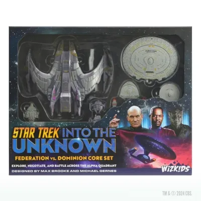 Star Trek: Into the Unknown – Federation vs. Dominion Core Set box with pre-painted Federation and Dominion ships.