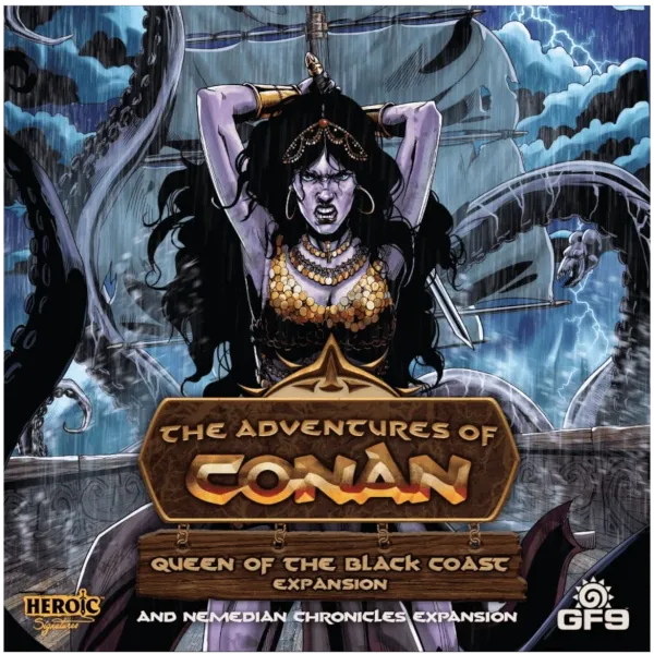 The Adventures of Conan: Nemedian Chronicles and Queen of the Black Coast expansion cover with Bêlit on a stormy ship.