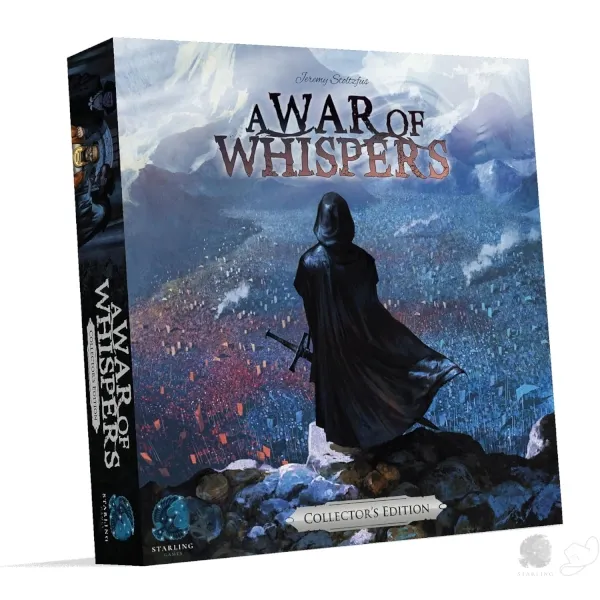 A War of Whispers: Collector’s Edition box cover with a cloaked figure overlooking warring empires.