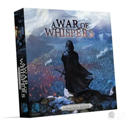 A War of Whispers: Collector’s Edition box cover with a cloaked figure overlooking warring empires.