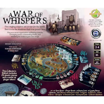 A War of Whispers: Collector’s Edition box back showing the board, miniatures, cards and component list.