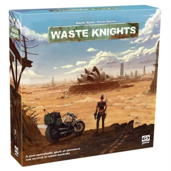 Waste Knights: Second Edition box cover showing a lone survivor and motorcycle in ruined Australia.