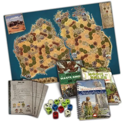 Waste Knights: Second Edition components with map board, dice, books, cards and player materials.