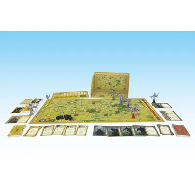 Hunt for the Ring game setup with board, player screen, cards, dice, tokens and Nazgûl figures.