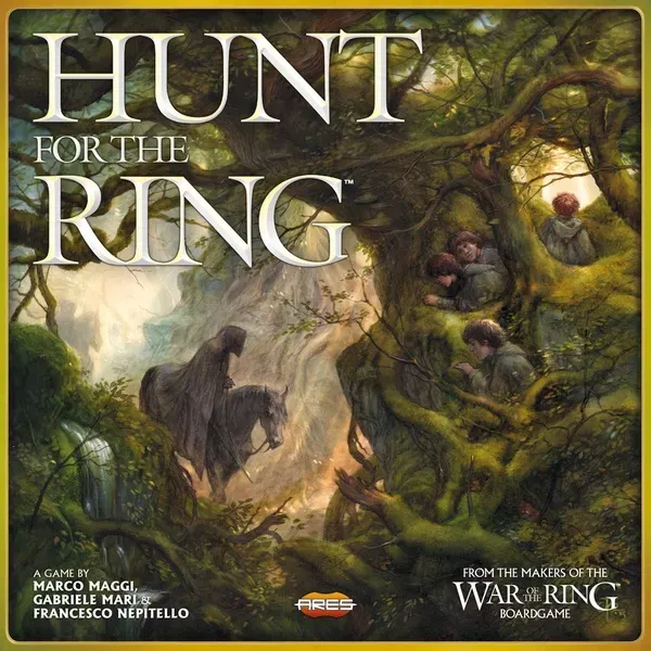 Hunt for the Ring box cover showing Frodo and the hobbits hiding from a Nazgûl in the woods.