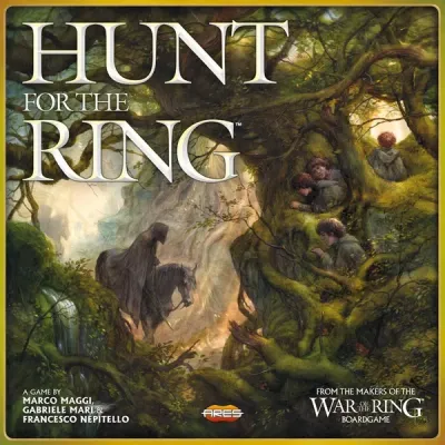 Hunt for the Ring box cover showing Frodo and the hobbits hiding from a Nazgûl in the woods.