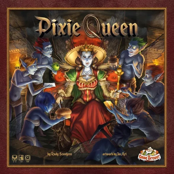 Pixie Queen box cover showing the tyrannical queen surrounded by nervous pixie servants.