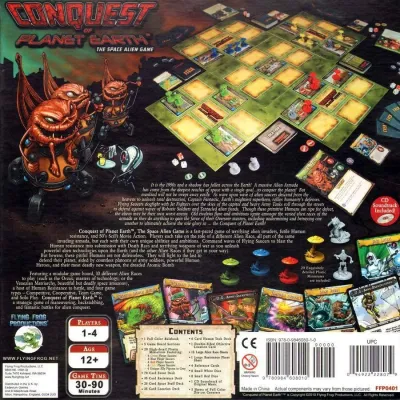 Conquest of Planet Earth box back showing alien invasion gameplay, cards, board sections and components.