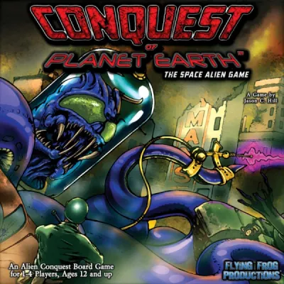 Conquest of Planet Earth box cover with retro sci-fi aliens attacking Earth.