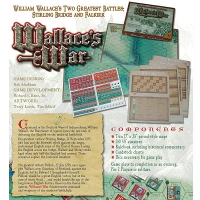 Wallace’s War box back showing maps, counters, charts and historical notes for Stirling Bridge and Falkirk.