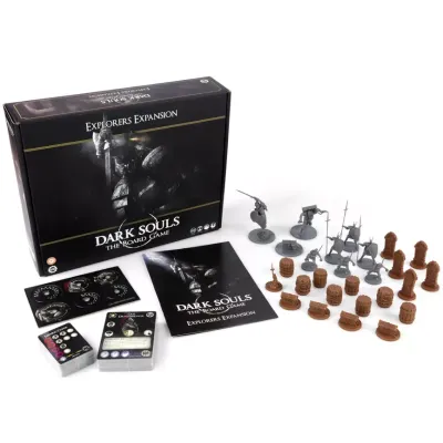 Dark Souls: The Board Game – Explorers Expansion components with box, cards, terrain and miniatures.