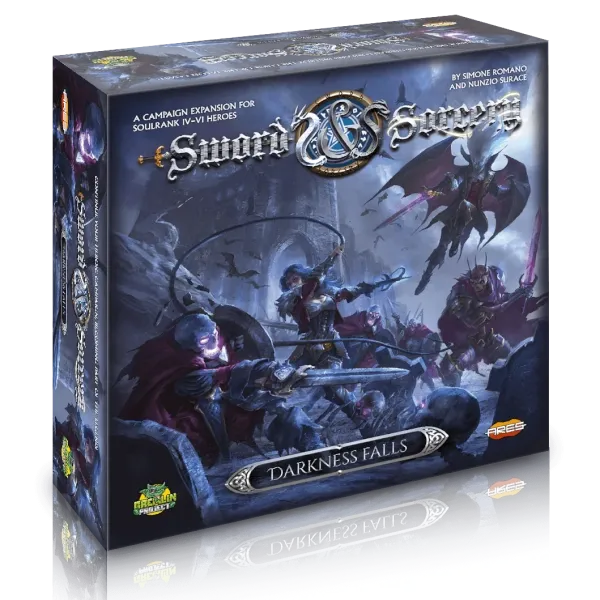 Sword &amp; Sorcery: Darkness Falls expansion box cover with heroes fighting undead and demonic enemies in a dark fantasy scene.