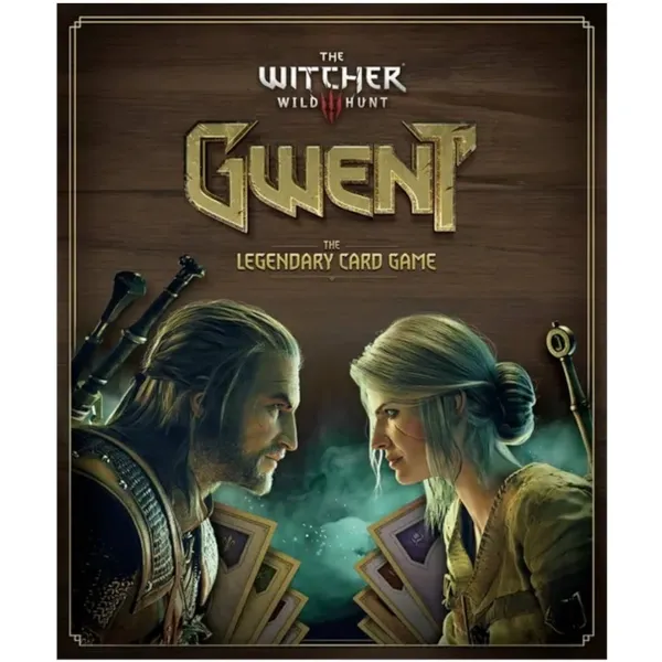 Gwent: The Legendary Card Game box cover with Geralt and Ciri facing off over cards.