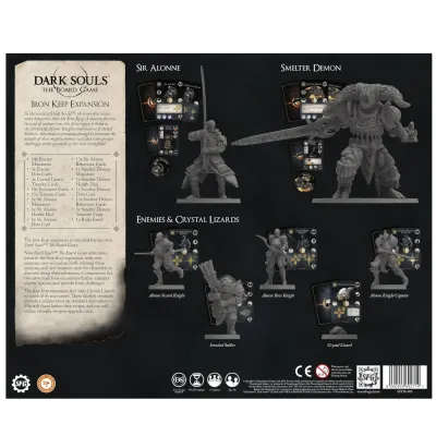 Dark Souls: The Board Game – Iron Keep Expansion box back showing Sir Alonne, Smelter Demon, enemies and cards.