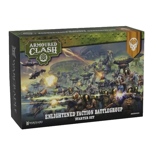 Armoured Clash Enlightened Faction Battlegroup Starter Set box with Enlightened war machines in battle.