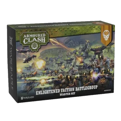Armoured Clash Enlightened Faction Battlegroup Starter Set box with Enlightened war machines in battle.