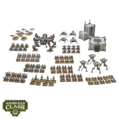 Enlightened Battlegroup contents showing miniatures, terrain, rulebook, cards, tokens and measuring tools.