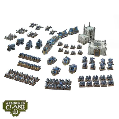 Armoured Clash Union Battlegroup contents with train, tanks, mechs, infantry, tokens, cards and terrain
