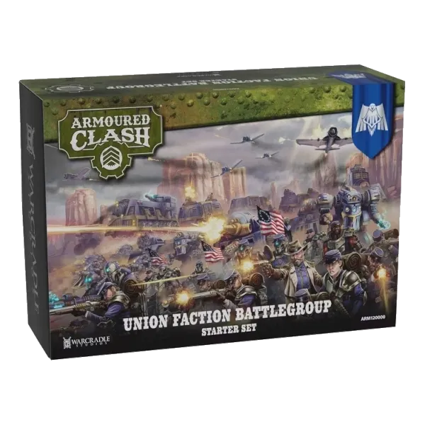 Armoured Clash Union Faction Battlegroup Starter Set box art with troops, aircraft and armoured vehicles