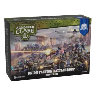 Armoured Clash Union Faction Battlegroup Starter Set box art with troops, aircraft and armoured vehicles