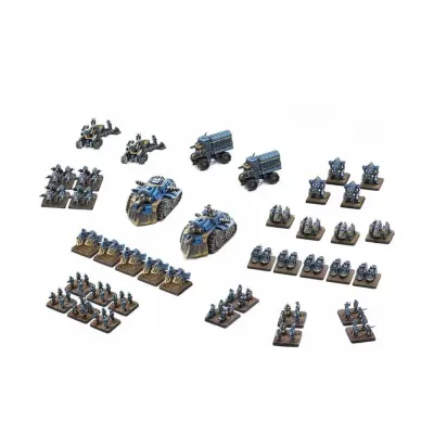 Union Introductory Set contents showing troops, heavy infantry, transports, tanks, mechs and support units.