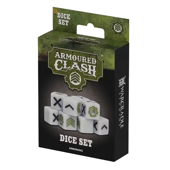 Armoured Clash Dice Set box with custom dice preview.
