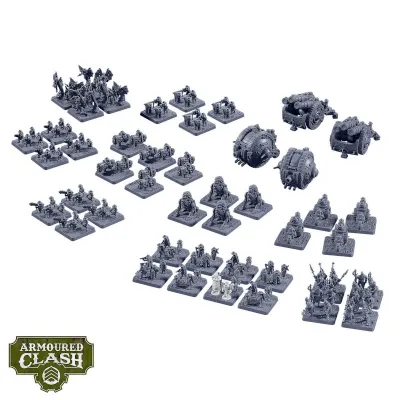 Empire Introductory Set contents showing infantry, automata, steambikes, tanks, launchers and support units.