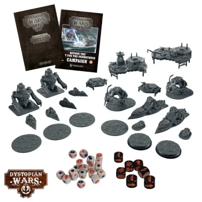Beyond the Hunt for the Prometheus contents showing ships, colossi, platforms, dice, tokens and books.
