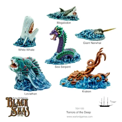 Black Seas Terrors of the Deep sea monster miniatures, including Kraken, Leviathan and Sea Serpent.
