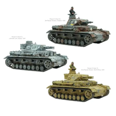 Painted Bolt Action Panzer IV Ausf. B, C and D variants in different campaign schemes.