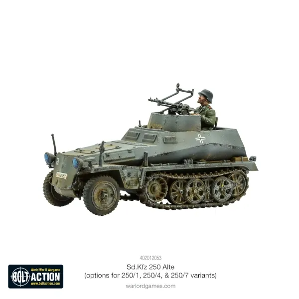 Painted German Sd.Kfz 250 Alte half-track miniature, buildable as 250/1, 250/4 or 250/7 variants.