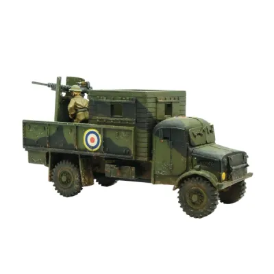 Painted Bolt Action Armadillo Mk III improvised vehicle miniature for British forces.