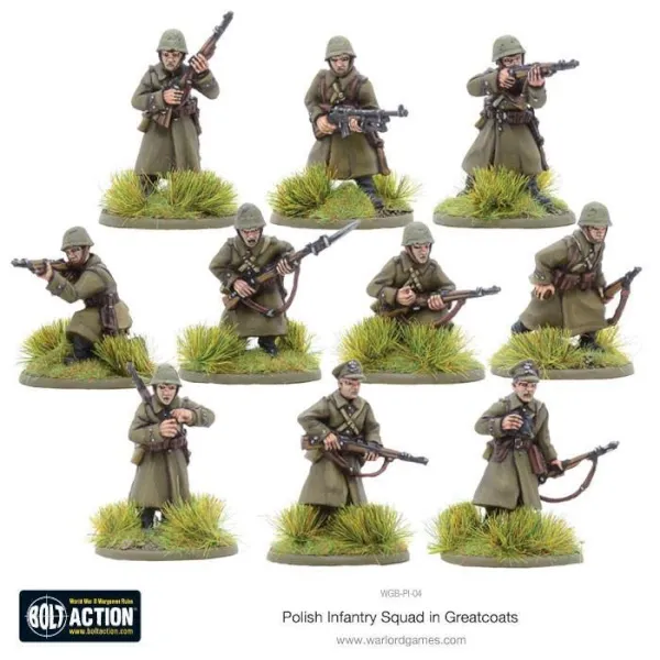 Painted Bolt Action Polish Infantry Squad in Greatcoats miniatures for early-war Polish forces.