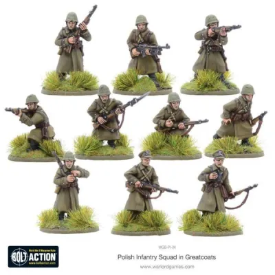 Painted Bolt Action Polish Infantry Squad in Greatcoats miniatures for early-war Polish forces.