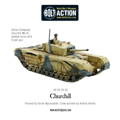 Painted Bolt Action Churchill Mk III tank with welded turret and 6-pounder gun.