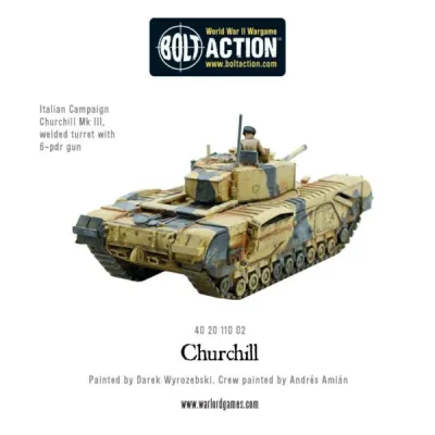 Painted Bolt Action Churchill Mk III tank in Italian Campaign camouflage, viewed from the rear.