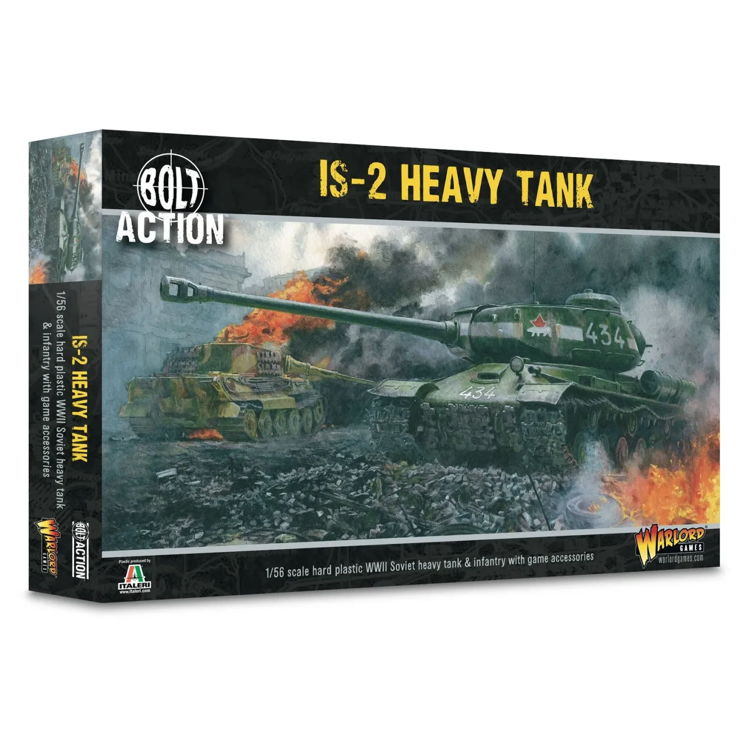 Bolt Action IS-2 Heavy Tank box with Soviet armour advancing through a ruined battlefield.