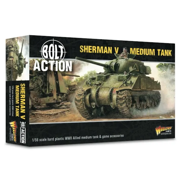 Bolt Action Sherman V Medium Tank box with British Sherman battle artwork.