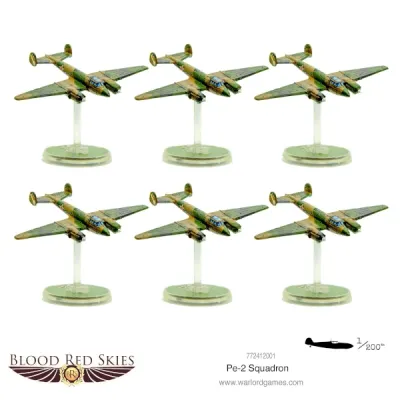 Six painted Blood Red Skies Petlyakov Pe-2 bombers on flying bases.