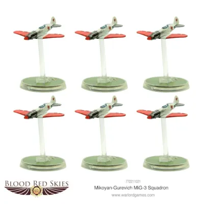 Six painted Blood Red Skies Mikoyan-Gurevich MiG-3 fighters on flying bases.
