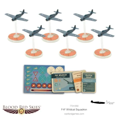 Blood Red Skies F4F Wildcat Squadron with six aircraft, flying bases, cards, tokens and markings.