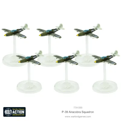 Six painted Blood Red Skies P-39 Airacobra fighters on flying bases.