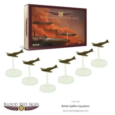 Six Blood Red Skies Supermarine Spitfire Mk.II fighters on flying bases with the squadron box.