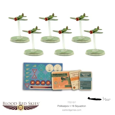 Blood Red Skies Polikarpov I-16 Squadron with six aircraft, flying bases, cards, tokens and markings.