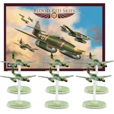 Six painted Blood Red Skies Messerschmitt Me 262 jet fighters on flying bases with the squadron box.