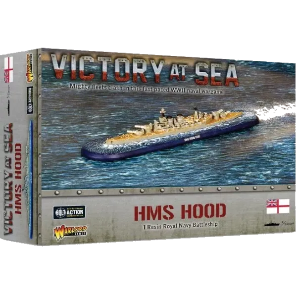 Victory at Sea HMS Hood box showing the Royal Navy ship miniature at sea.